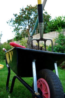 a dark green wheel barrow with compost, a pitch fork and shovel to top dress a lawn